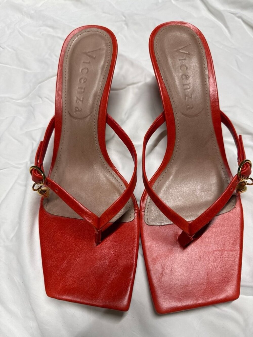 Vicenza Orange Square Toe Thong Heeled Sandals